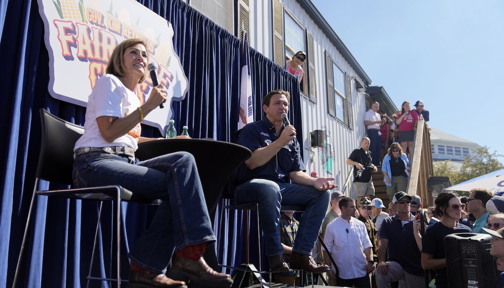 Republican presidential candidate Florida Gov. Ron DeSantis speaks during a Fair-Side Chat with Iowa Gov. Kim Reynolds at the Iowa State Fair on Aug. 12, 2023, in Des Moines, Iowa. (AP)