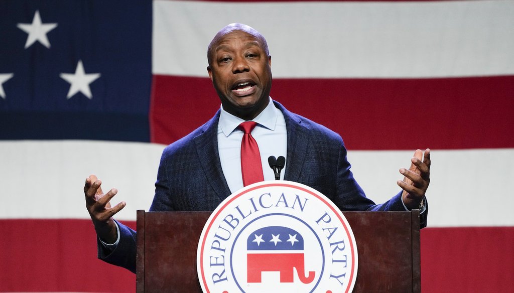 Republican presidential candidate Sen. Tim Scott, R-S.C., speaks at the Republican Party of Iowa's 2023 Lincoln Dinner in Des Moines, Iowa, July 28, 2023. (AP)