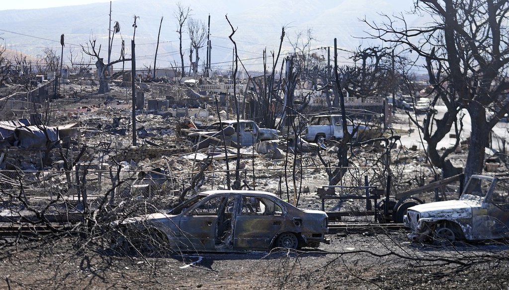 Destroyed homes and cars are shown Aug. 13, 2023, in Lahaina, Hawaii. (AP)